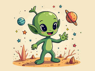 Cheerful Doodle of a Happy Alien Exploring a New Planet in Vector Style