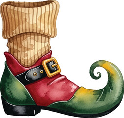 Whimsical Green and Red Elf Boot Illustration on White
