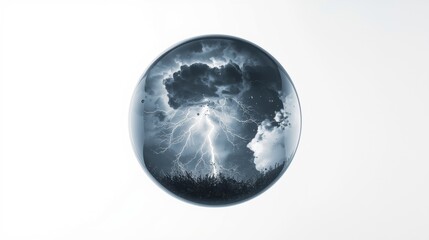Artistic portrait photography of a floating glass ball with stormy weather and lightning, symbolic and conceptual image, surreal and mysterious scene with dark clouds