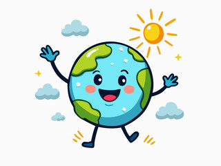Friendly Waving Planet Doodle with Sun and Clouds in Cartoon Vector Style