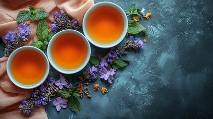 Three cups of amber tea served with fresh mint and lavender flowers on a textured dark background