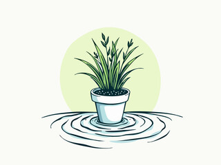 Monochrome Doodle of Regenerative Herb Plant Reaching Sky with Abstract Waves