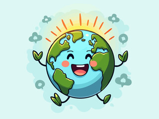 Smiling Earth Doodle Absorbing Sunlight with Reduce Reuse Recycle Icons