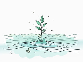 Mindful Doodle of Ocean Wave Watering a Plant for Sustainability Concept