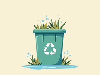 Sustainable Doodle of Recycling Bin Cleaning Up Litter with Bubbling Water