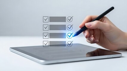 Hand checking off items on a virtual digital checklist floating above a tablet screen
