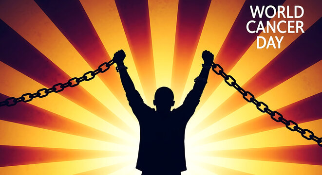 Silhouette of person breaking chains for world cancer day awareness