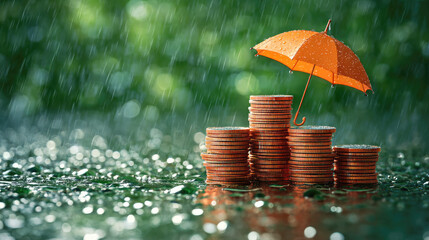 Orange umbrella protects coin stacks from rain concept. Coins stacked under an orange umbrella in rainy weather.
