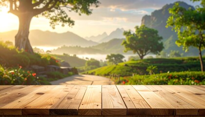 Scenic Mountain Landscape with Wooden Table and Sunlight.