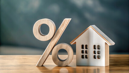 Percentage and wooden house sign symbol concept. Percentage symbol next to a small house model on a wooden table.