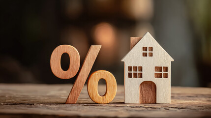 Percentage and wooden house sign symbol concept. Representation of mortgage rates with wooden percentage and house.