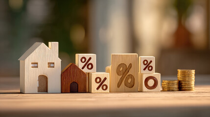 Percentage and wooden house sign symbol concept. Model houses with percentage blocks and coins on a wooden table.