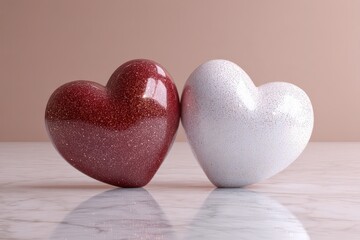 Two glittery heart shapes rest side by side on a reflective marble surface against a soft tan backdrop
