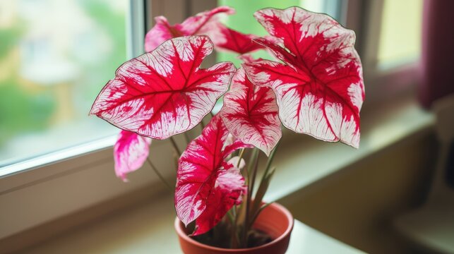 Close up of a caladium plant with vibrant red and white leaves