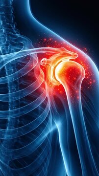 Inflamed shoulder joint medical pain rotator cuff anatomy illustration showing bone inflammation with glowing red hotspot indicating humerus and scapula injury and vivid red and blue lighting