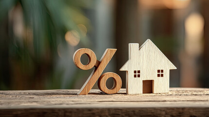 Percentage and wooden house sign symbol concept. Wooden house and percentage symbol representing real estate finance.