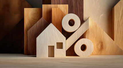 Percentage and wooden house sign symbol concept. Wooden house and percentage symbols representing real estate concept.