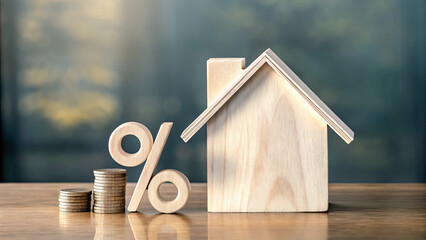 Percentage and wooden house sign symbol concept. Wooden house model symbolizing mortgage rates and finance.
