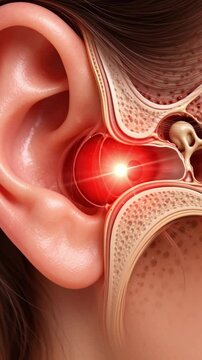 Inflamed middle ear inner anatomy medical illustration showing ear anatomy eardrum and inner ear with red swelling and pain light indicating infection and discomfort Inflamed inner ear anatomy