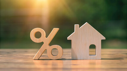 Percentage and wooden house sign symbol concept. Wooden house model with percentage symbol on blurred background.