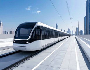 Fototapeta premium Modern Monorail Train Traveling Through Futuristic City Skyline