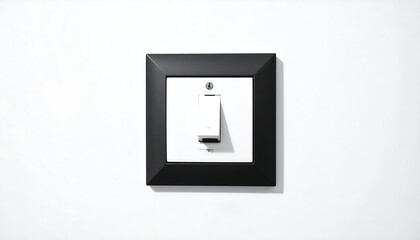 A close-up shot of a wall-mounted light switch with a rectangular black frame against a white wall. The switch is white