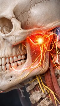 Close up anatomical illustration of skull facial nerves with glowing trigeminal pain point medical showing nerve pathways muscle bone detail warm tones detailed medical illustration of skull