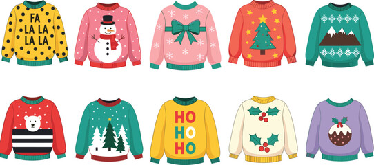 Set of Ten Ugly Christmas Sweater Vector Illustrations with Festive Holiday Patterns Snowmen Reindeer and Winter Designs Isolated on White Background