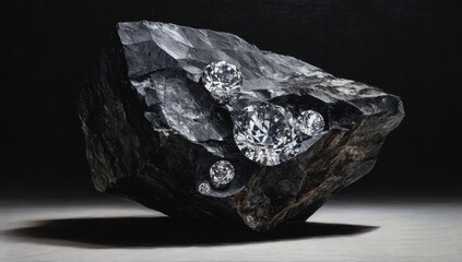 Rough, black stone with embedded faceted diamonds