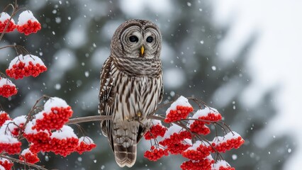 Barred Owl Perched on a Tree Branch with Red Winter Berries and Light Snow