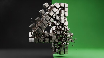 Abstract number four exploding into cubes on green and black background
