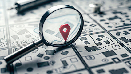 Urban planner examines map with magnifying glass concept. A magnifying glass over a map highlighting a location pin.