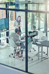 Presentation, above and team with business woman in office for private equity, planning and...