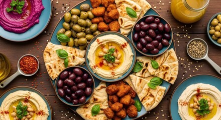 Mezze Platter with Hummus, Olives, Pita Bread and Fresh Herbs