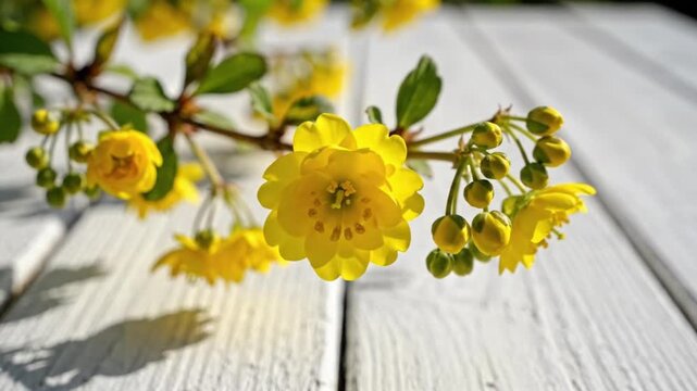 Yellow blossoms hang over white wooden boards with buds  green leaves in bright sunlight casting shadows