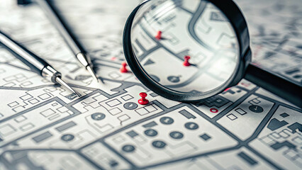 Urban planner examines map with magnifying glass concept. Detailed map with pins and magnifying glass for navigation analysis.