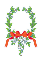 Laurels wreath frames branches with bow and ribbon, Whimsical drawing  Flowers and leaves frame, element for invitations, greeting cards, scrapbooking, sticker, decorative etc.
