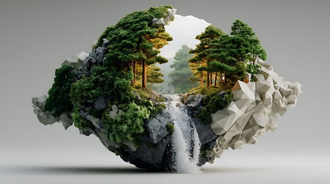Surreal floating island with a waterfall and lush green trees fantasy nature