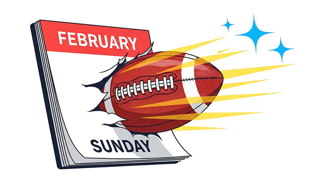 Football bursting through a calendar page marked february sunday isolated on white background