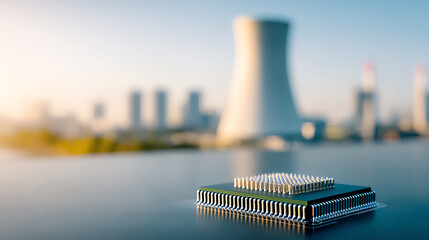 A close-up of a computer chip against a cityscape with cooling towers, symbolizing innovation in technology and industry.