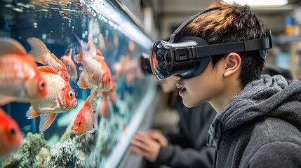 A scene depicts students participating in a simulation, seemingly related to fish farming. They are using virtual reality headsets to observe the vibrant goldfish in an aquarium