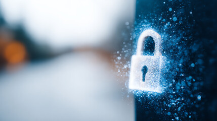 A close-up of a digital padlock symbol glowing in blue, representing security and protection in the digital world.