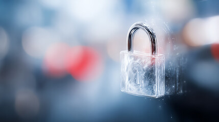 A close-up of a locked padlock symbolizing security and protection in a digital age, with a blurred background of urban scenes.