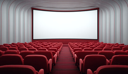 Fototapeta premium Large cinema screen with vibrant red velvet seats in a modern movie theater setting
