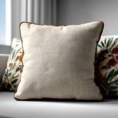 Textured Cream Throw Pillow with Dark Brown Piping on Sofa cushion home decor