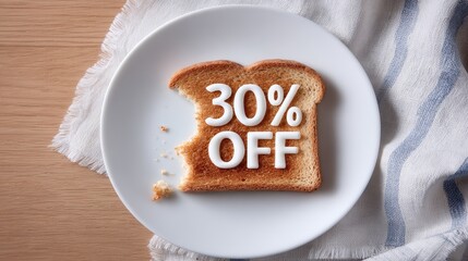 Toasted bread slice on a white plate with a promotional 30 percent discount message, featuring a bite taken out, creating a visually appealing food marketing concept