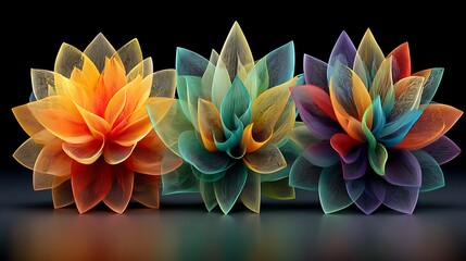 Three Abstract Geometric Lotus Flowers in Vibrant Colors colorful