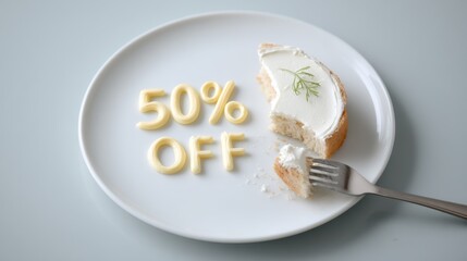 Delicious cake slice on a white plate with creamy frosting, featuring playful yellow letters spelling 50 percent off, inviting customers to enjoy a sweet discount on desserts