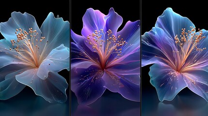 Triptych of glowing translucent flowers in vibrant blue and purple tones floral