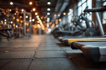 Treadmills in a Gym with Blurred Lights Background fitness exercise